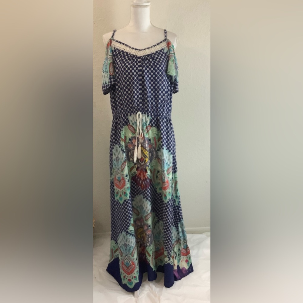 Magic Blue and Green Maxi Dress 2X Sundress spaghetti strap strap cold shoulder